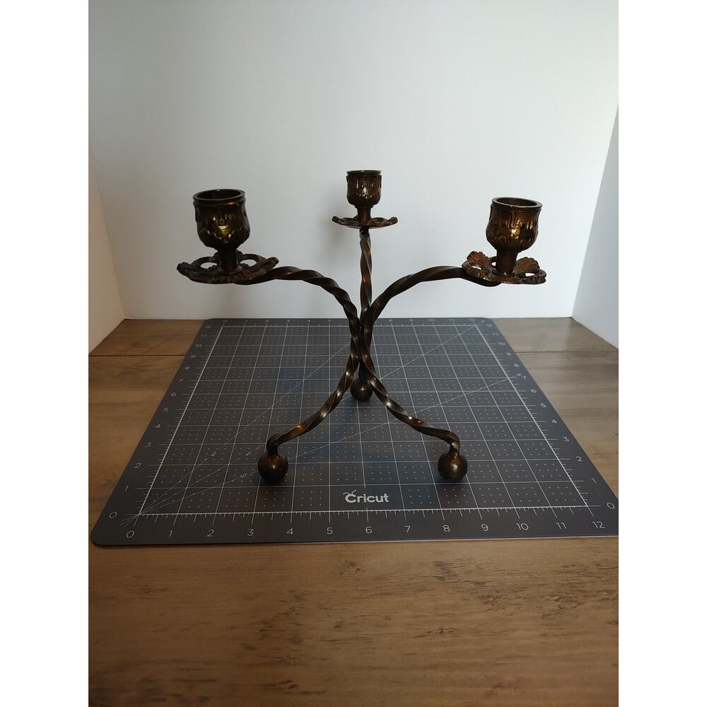 Vintage 3 Arm 8" Wrought Bronze Style Patina Metal Candleholder Dark Academia